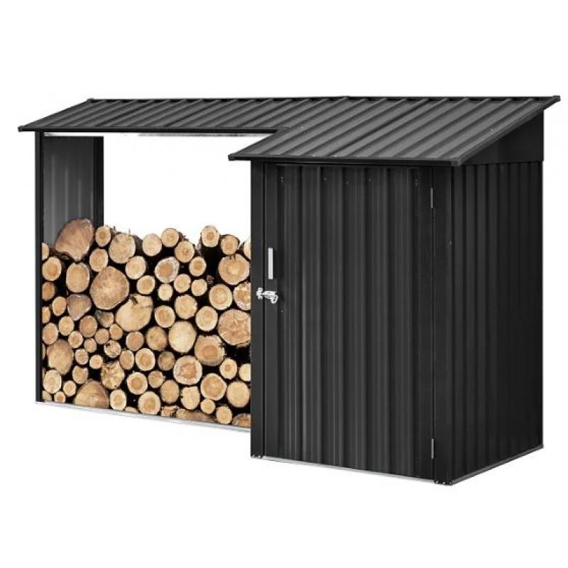 Vedskjul med förråd